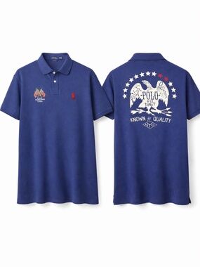 Polo Ralph Lauren Custom Slim Fit Polo Shirt XXL Blue Big Pony USA Flag Graphic